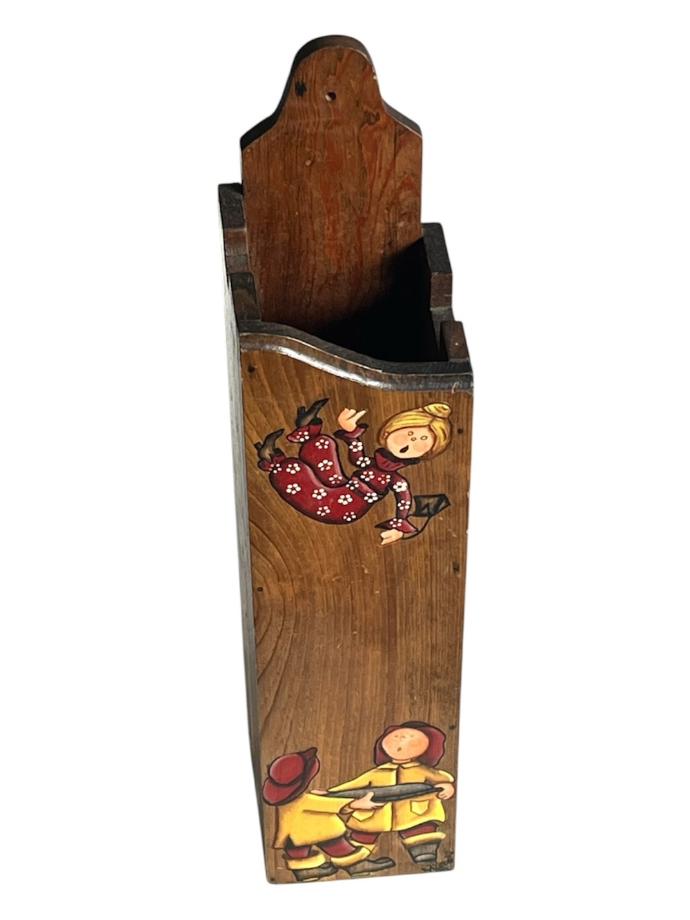 Vintage Handmade Hand Painted  Wooden Wall Pocket Folk Art Firemen Rescue Scenes